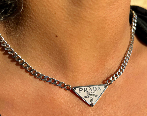 Upcycled Prada Triangle "Snow" Necklace